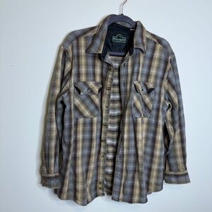 Men's Plaid Gray and Tan button down shirt, thick flannel